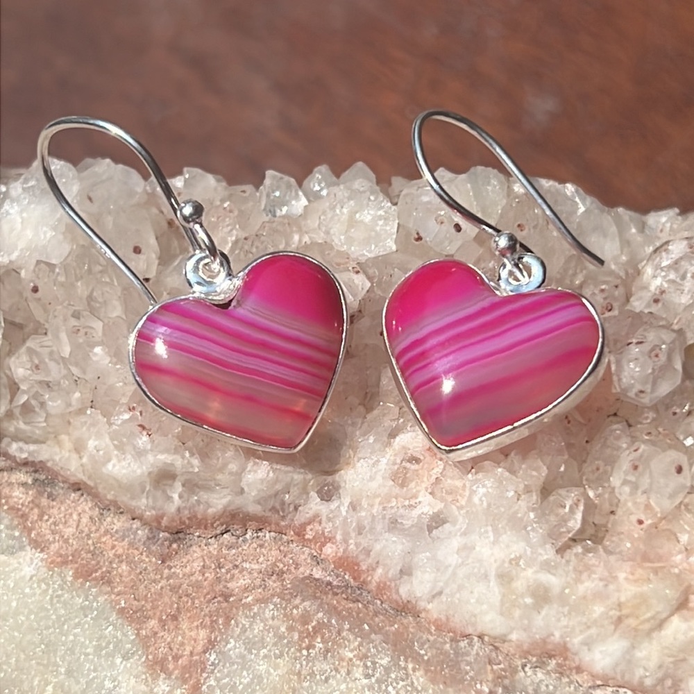 PINK BOTSWANA AGATE HEART 925 STERLING SILVER EARRINGS